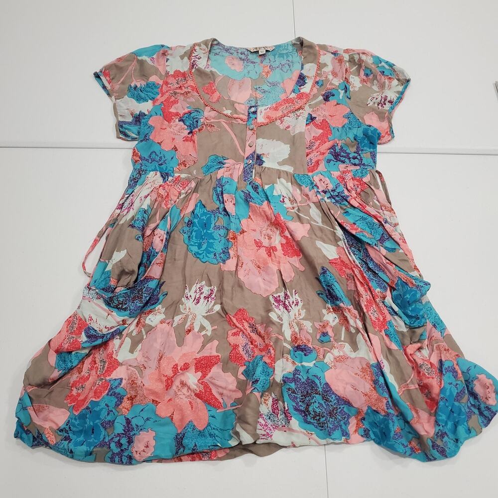 Joe Browns Dress Womens 14 Multicolor Floral Short Sleeve Tie Back Whimsy Boho